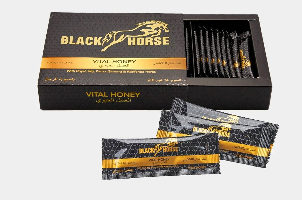 MIEL DE MALASIA BLACK HORSE VITAL HONEY, caja con 24 sobres de 10 gramos.