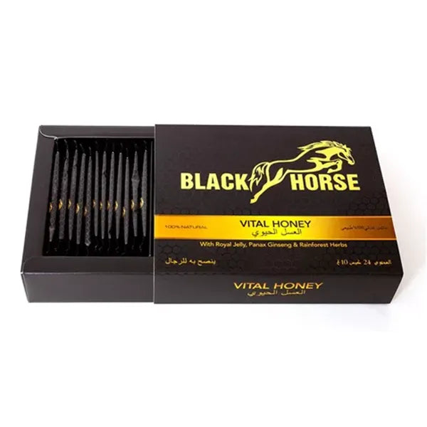 MIEL DE MALASIA BLACK HORSE VITAL HONEY, caja con 24 sobres de 10 gramos.